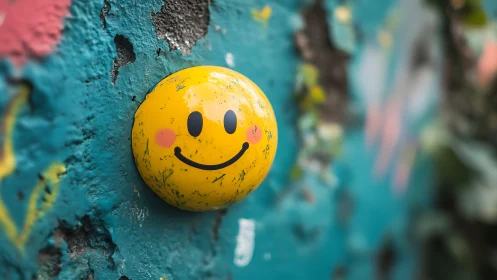 Bright yellow smiley button brings playful joy to the wall