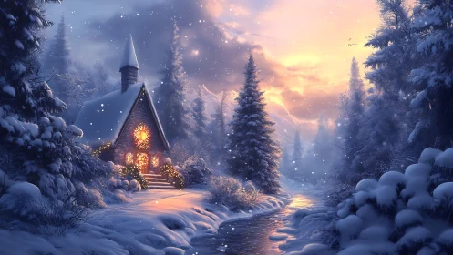 Snowy forest cottage glows beside winding winter stream.