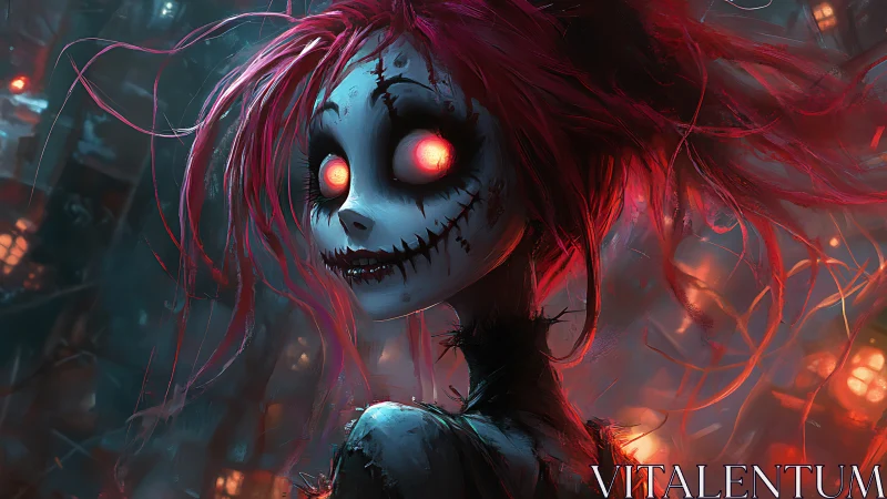 Ghost-eyed ragdoll grins through neon dusk and digital smoke