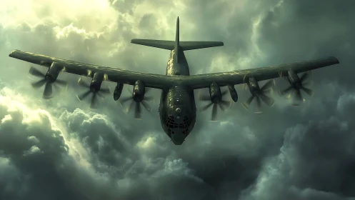 Heavy turboprop transport aircraft cuts through dense storm clouds