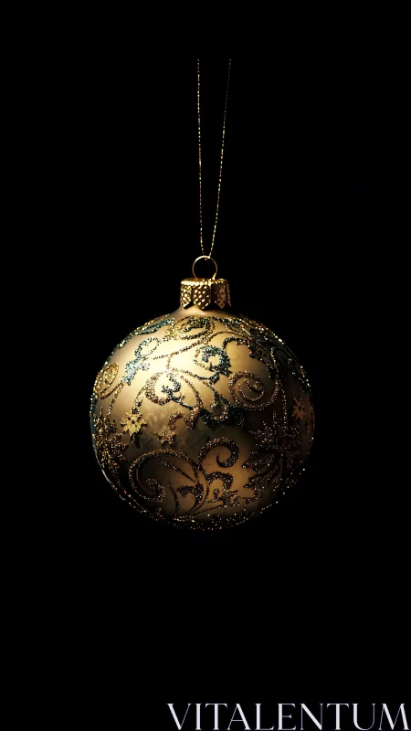 Single illuminated gold ornament ball with intricate glitter relief