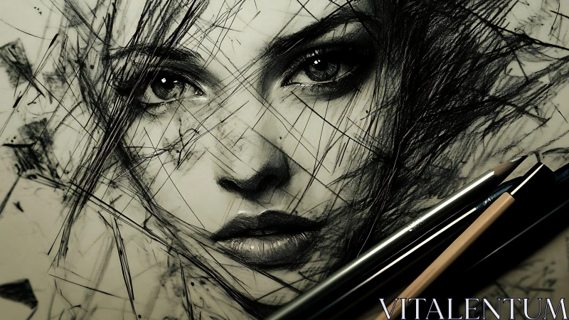 Expressive graphite portrait with abstract linear structure.