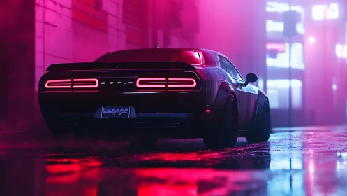 Rear view of sports coupe in saturated pink neon street