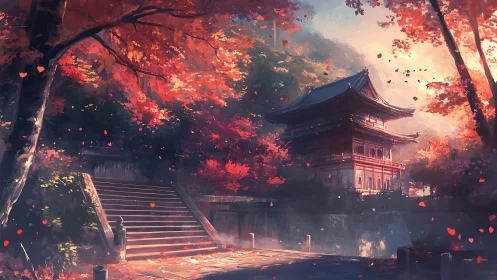 Autumn shrine courtyard rendered with atmospheric depth and volumetric light