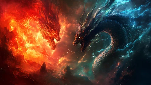 Elemental dragon duel in fiery red and glacial blue nebulae.