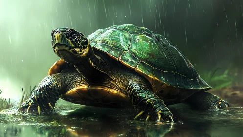 Rain-soaked turtle strides through a misty forest pool.