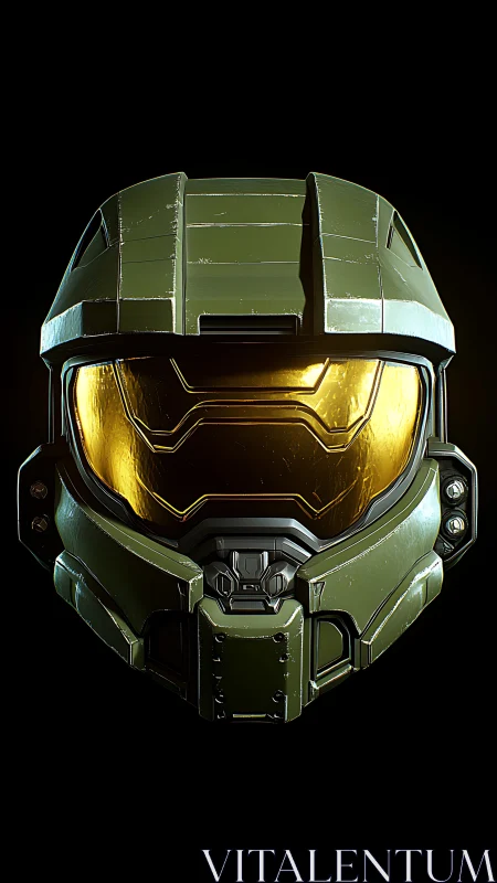 Armored sci fi helmet glows with a heroic golden visor