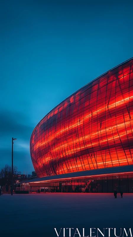 Futuristic red arena glows against deep blue twilight sky