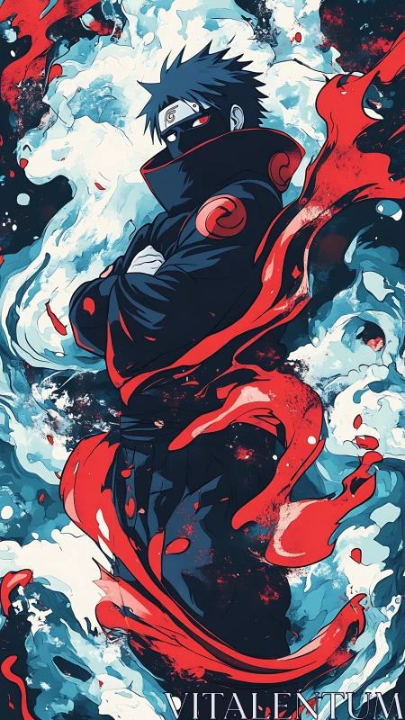 Masked shinobi in red chakra swirl, stylized cel-shaded portrait.