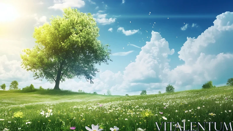 Lone green tree in bright flower meadow under blue sky.