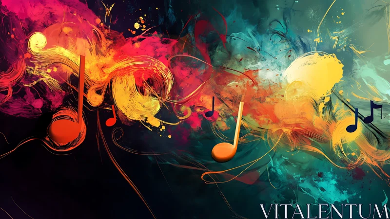 Musical note symbols overlay dynamic abstract color fields