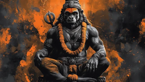 Powerful monkey warrior deity sits calmly in blazing color