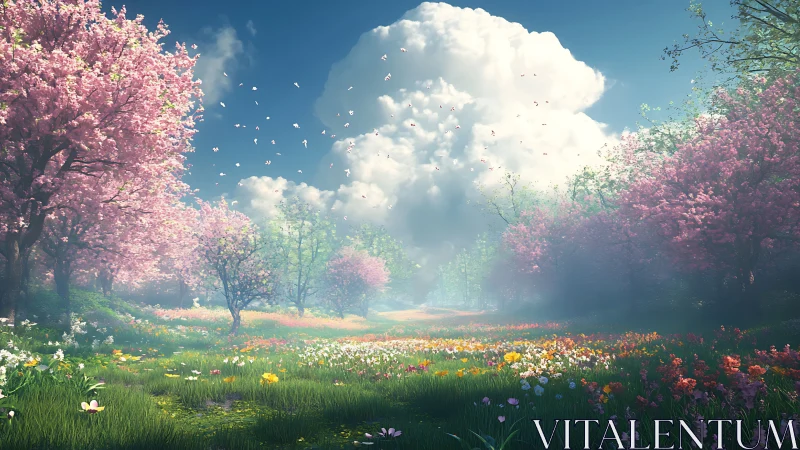 Volumetric spring meadow under cumulonimbus bloomscape.