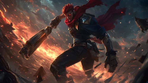 Armored warrior with oversized rifle strides through molten battlefield