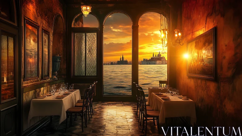 Sunset-drenched canal restaurant quietly waits for late lovers