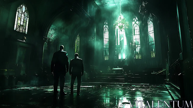 Two figures in dark cathedral interior with green light.