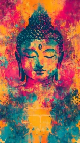 Neon serenity: radiant Buddha floating in electric calm.