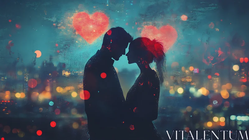Silhouetted Couple Embrace: Urban Bokeh with Luminous Heart Motifs