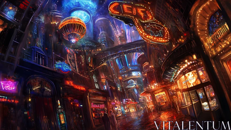 Cyberpunk neon bazaar under luminous floating orbs at night.