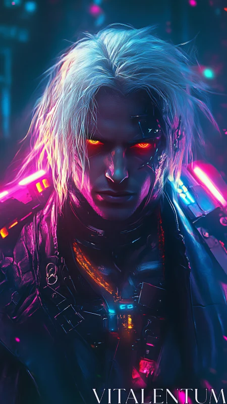 Cybernetic antihero with neon armor and burning eyes.