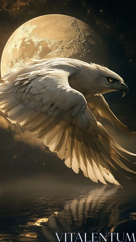 Luminous white eagle in nocturnal flight before full moon