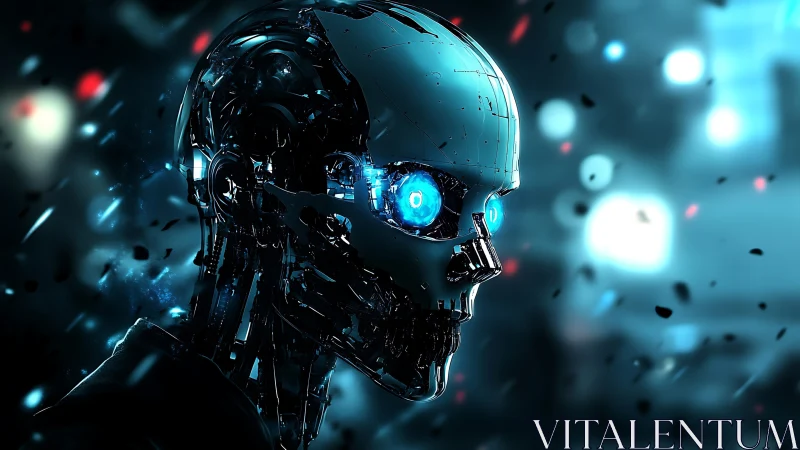 Cybernetic skull with glowing eyes emerges in neon-lit dust