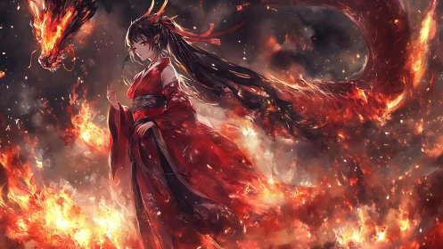 Fire robed woman beside blazing dragon in swirling flames.