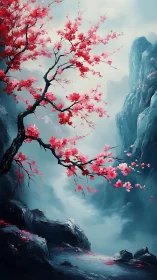 Cherry blossoms over misty blue mountains in dreamlike valley.