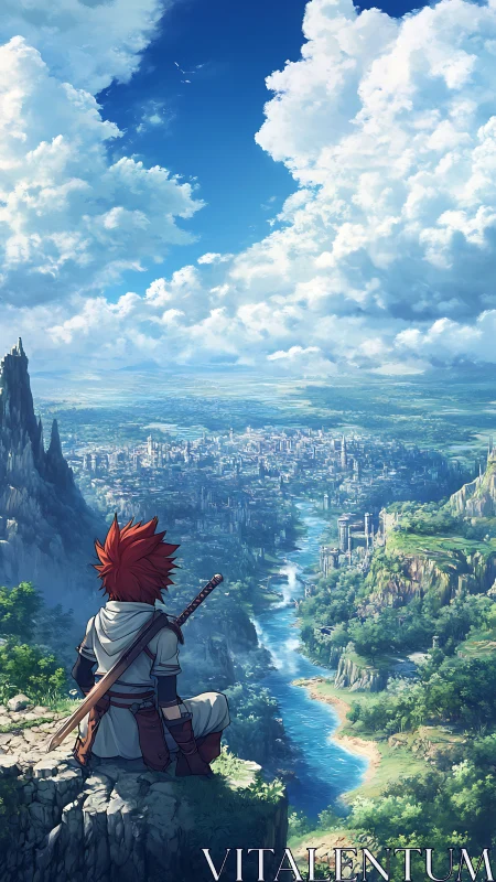 Lone red haired swordsman overlooking vast river valley city