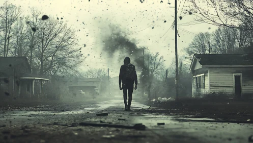 Lone wanderer strolling through a quiet stormy street.