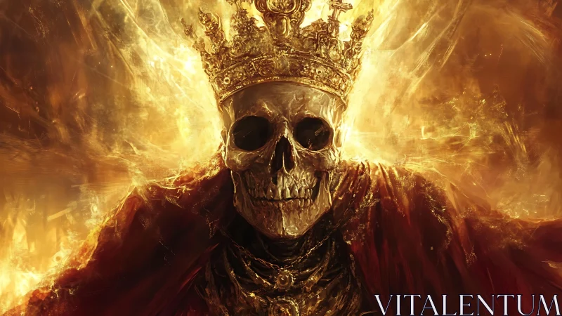 Crowned skeletal monarch emerges through molten golden light field
