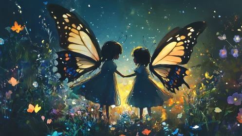 Winged children hold hands in glowing twilight meadow