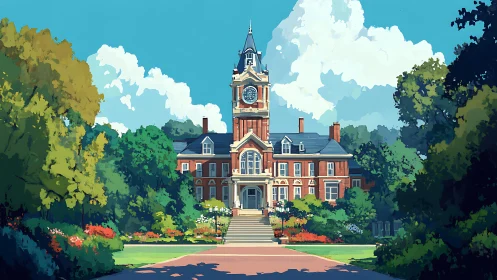 Sunny campus clocktower over lush academic gardens.