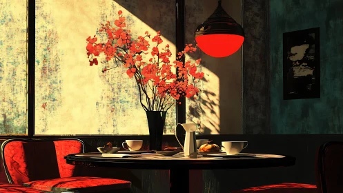 Caf&eacute; table still life under raking light and chromatic contrast.