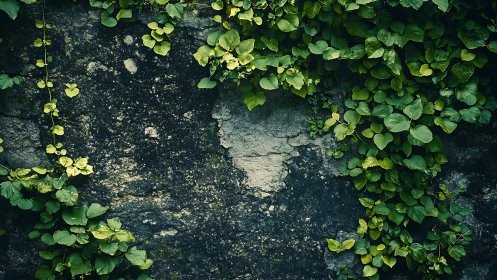 Ivy-clad stone wall showcases organic growth contrast.