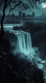 Nocturnal waterfall and city skyline under cold cyan moonlight