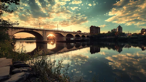 Sunlit stone bridge spans calm river under glowing sky.