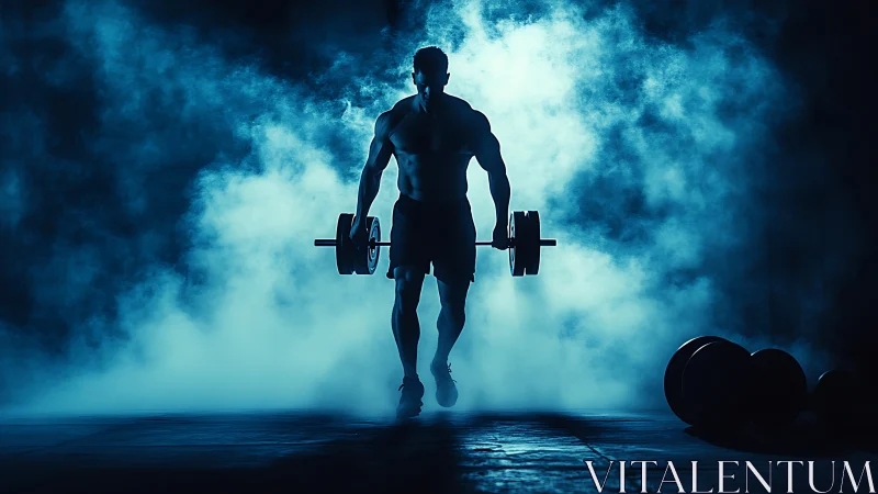 Silhouetted bodybuilder carries barbell through blue gym smoke.