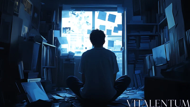 Blue-lit analytical solitude in a paper-saturated study room.