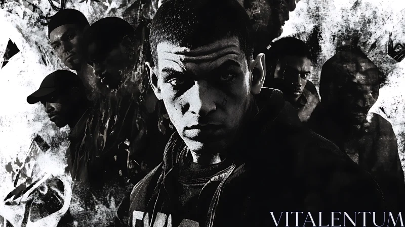 High-contrast monochrome street portrait composite design.