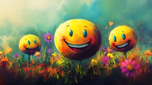 Smiley face orbs are positioned among stylized flowers