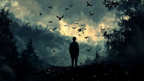 Silhouette under storm sky with circling black birds at dusk.