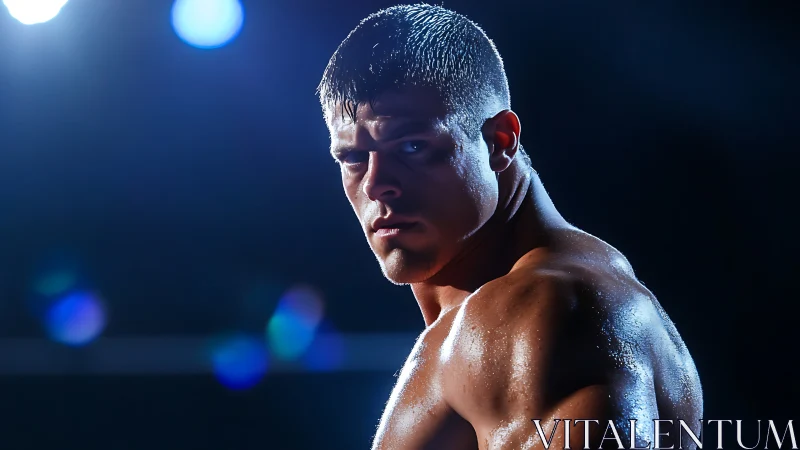 Dramatic low key portrait of muscular male athlete in blue rim light.