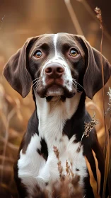 Portrait of brown and white dog in shallow depth of field field