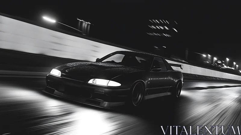 Night street racer car cuts through slick city highway lights