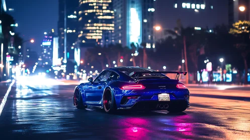 Blue sports coupe idles under neon city lights at night