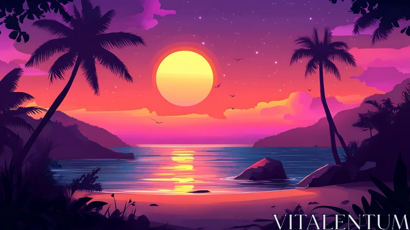 Neon dusk lagoon where candy skies kiss quiet tides.