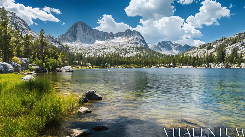 Granite alpine lake with conifer forest and high cirque under cumulus