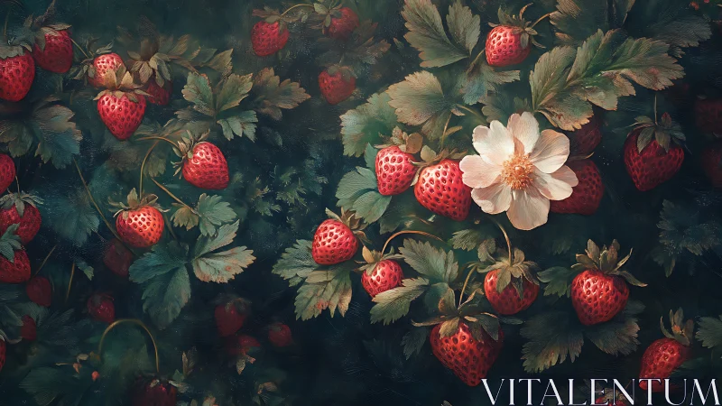 Strawberry plants with single white blossom occupy the frame