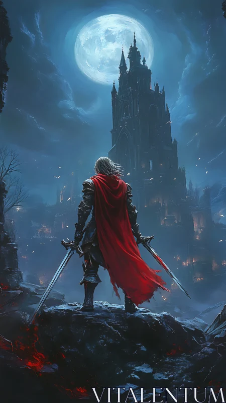 Lone armored swordsman facing gothic citadel under full moon